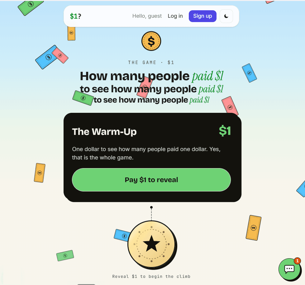 How Many Paid home screen: The Warm-Up card with a Pay $1 to reveal button, amid falling dollar bills and coins
